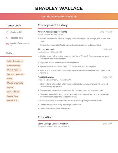 Aircraft Accessories Mechanic Resume