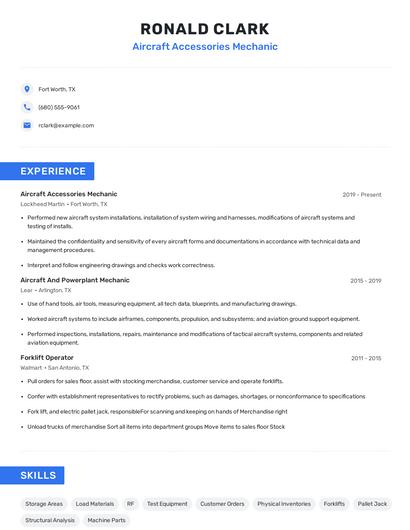 Aircraft Accessories Mechanic Resume