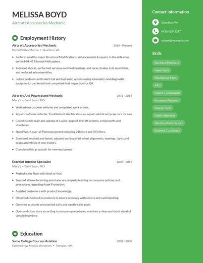 Aircraft Accessories Mechanic Resume