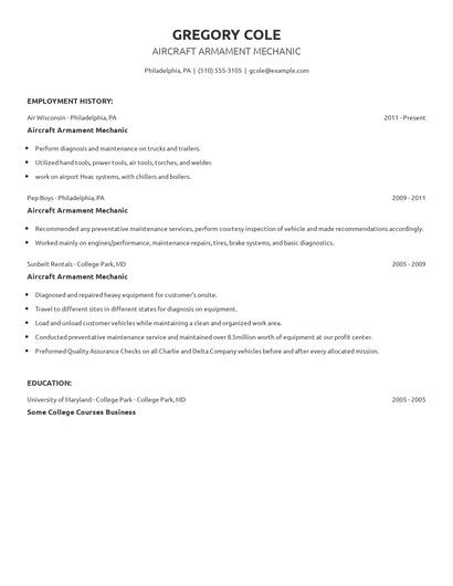 Aircraft Armament Mechanic Resume