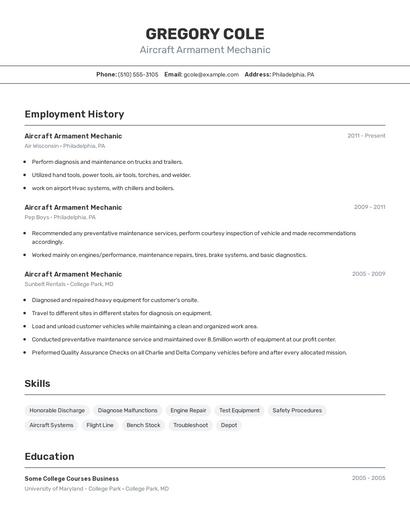 Aircraft Armament Mechanic Resume