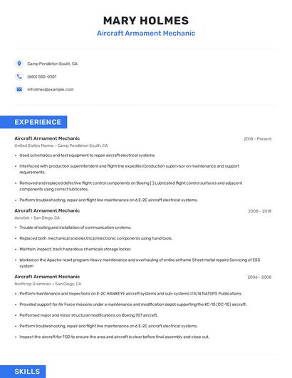 Aircraft Armament Mechanic Resume