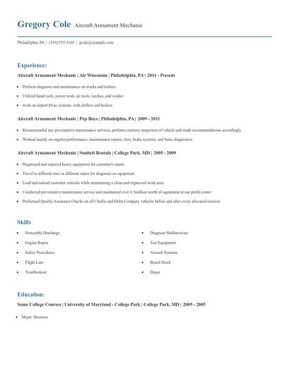 Aircraft Armament Mechanic Resume
