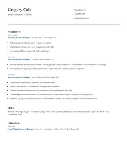 Aircraft Armament Mechanic Resume