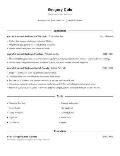 Aircraft Armament Mechanic Resume