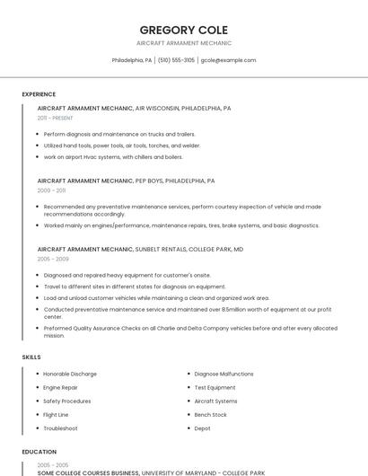 Aircraft Armament Mechanic Resume