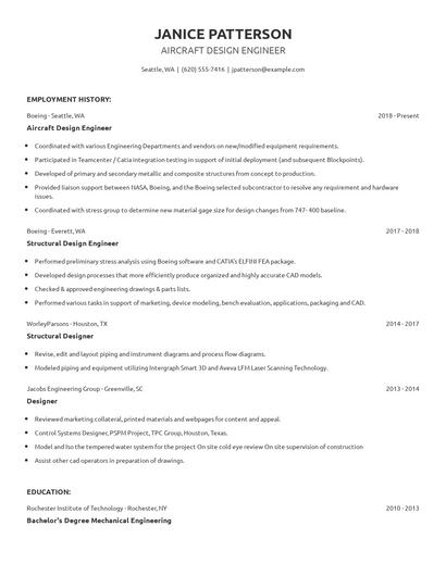 Aircraft Design Engineer Resume