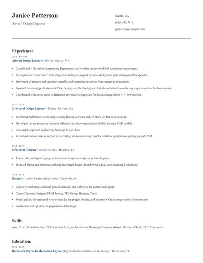 Aircraft Design Engineer Resume