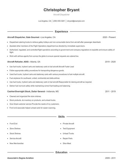 Aircraft Dispatcher Resume