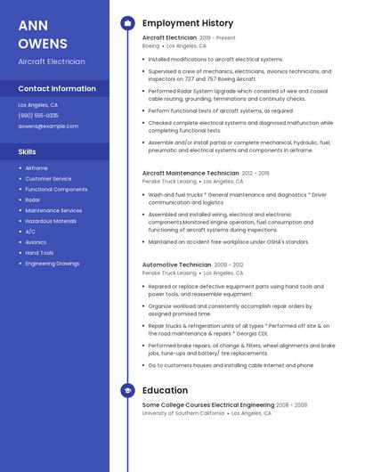Aircraft Electrician Resume