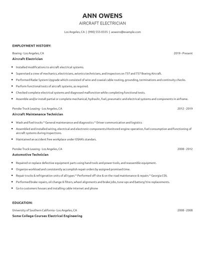 Aircraft Electrician Resume