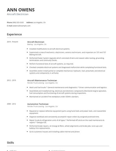 Aircraft Electrician Resume