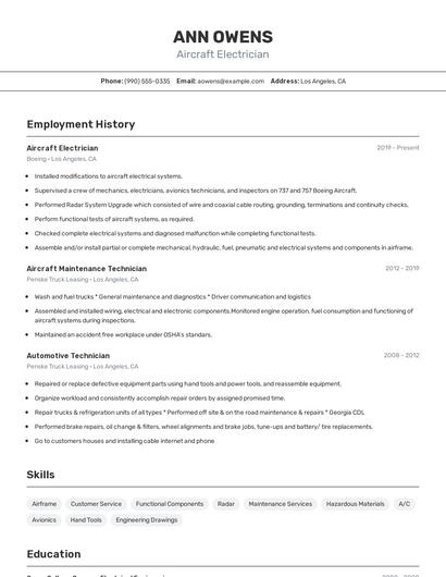 Aircraft Electrician Resume