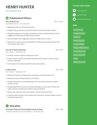 Aircraft Electrician Resume