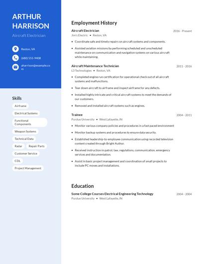 Aircraft Electrician Resume