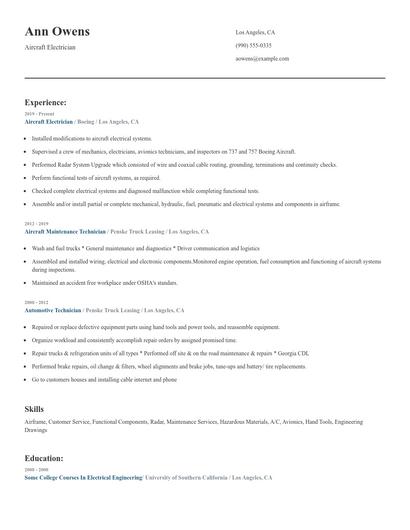 Aircraft Electrician Resume