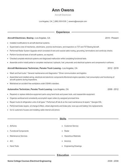 Aircraft Electrician Resume