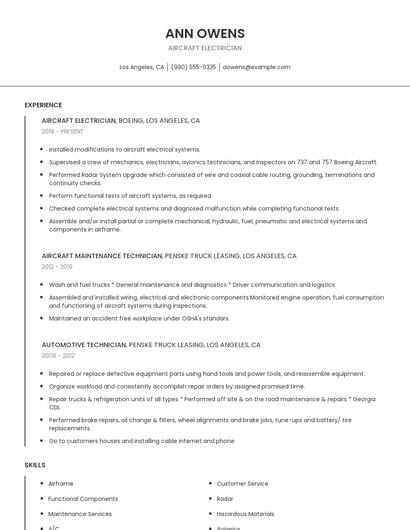 Aircraft Electrician Resume