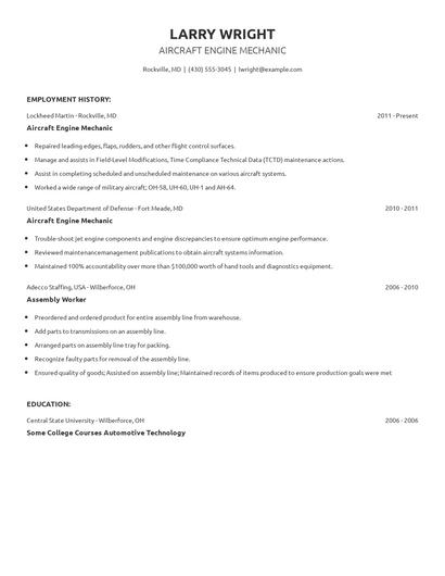 Aircraft Engine Mechanic Resume