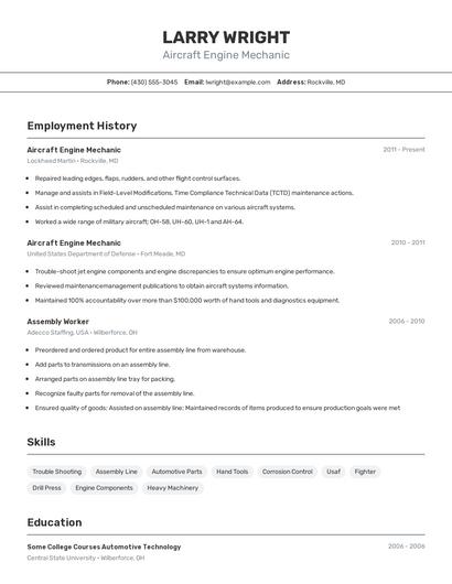 Aircraft Engine Mechanic Resume