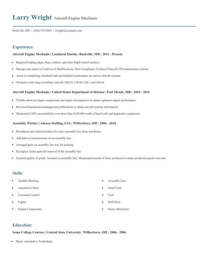 Aircraft Engine Mechanic Resume