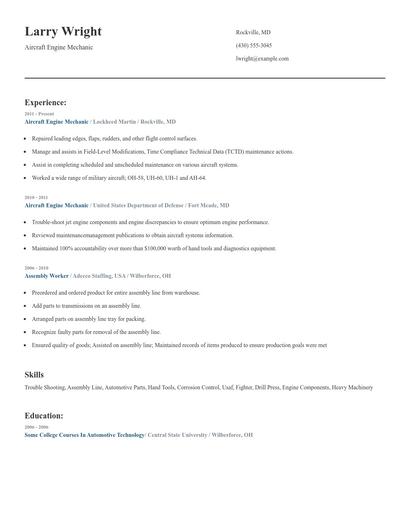 Aircraft Engine Mechanic Resume