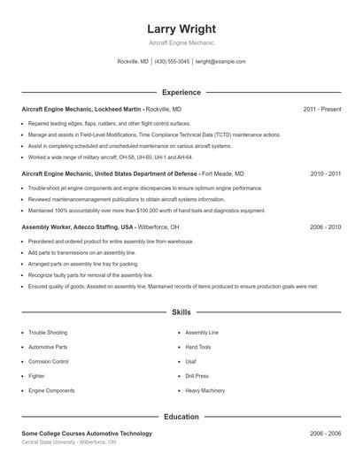 Aircraft Engine Mechanic Resume