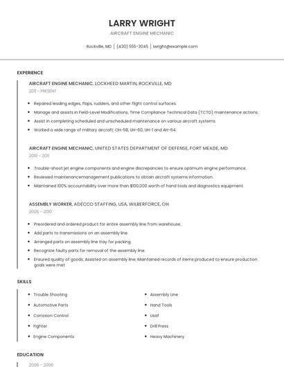 Aircraft Engine Mechanic Resume