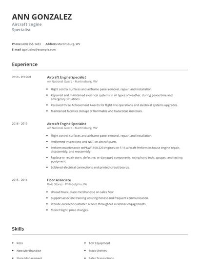 Aircraft Engine Specialist Resume