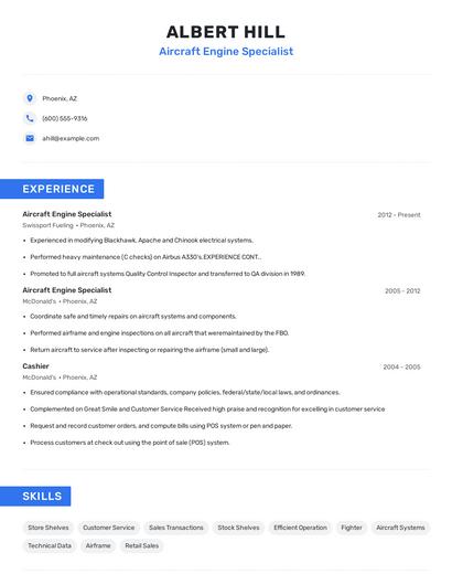 Aircraft Engine Specialist Resume