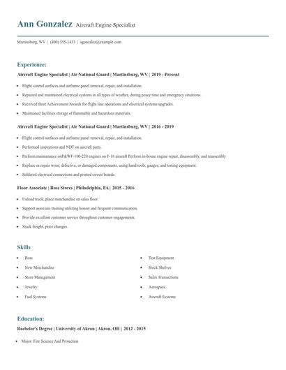 Aircraft Engine Specialist Resume