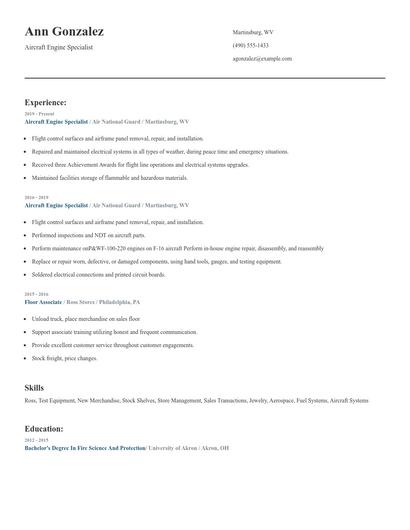 Aircraft Engine Specialist Resume