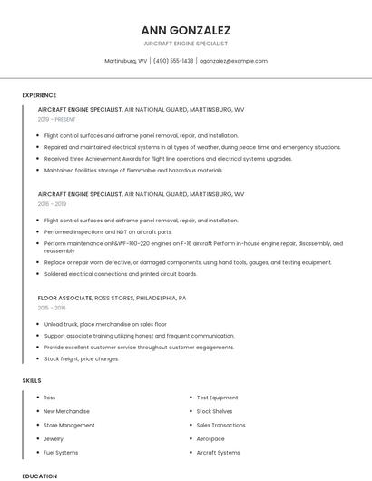 Aircraft Engine Specialist Resume