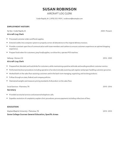 Aircraft Log Clerk Resume