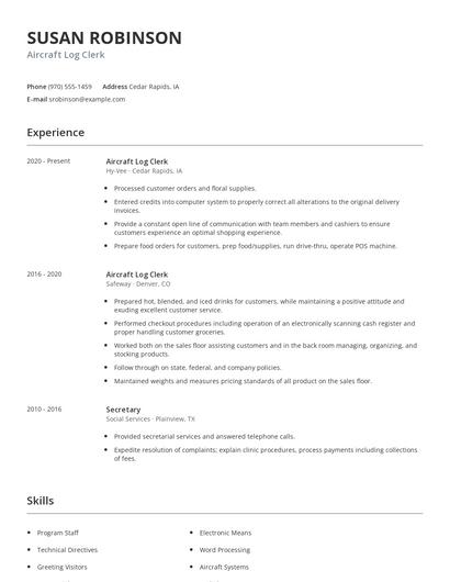 Aircraft Log Clerk Resume