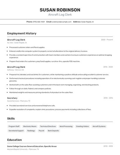 Aircraft Log Clerk Resume