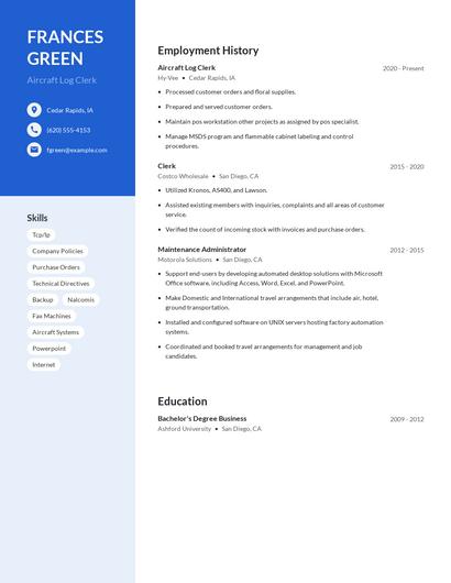 Aircraft Log Clerk Resume