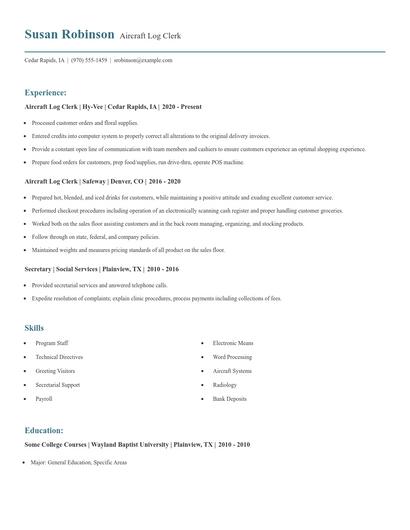Aircraft Log Clerk Resume