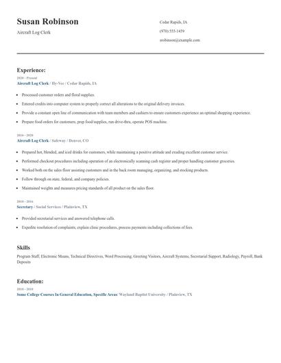 Aircraft Log Clerk Resume