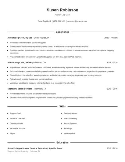 Aircraft Log Clerk Resume