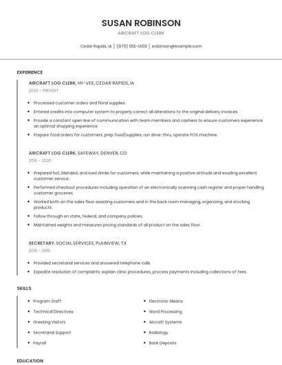 Aircraft Log Clerk Resume