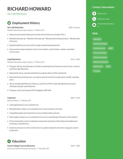 Aircraft Machinist Resume