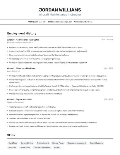 Aircraft Maintenance Instructor Resume