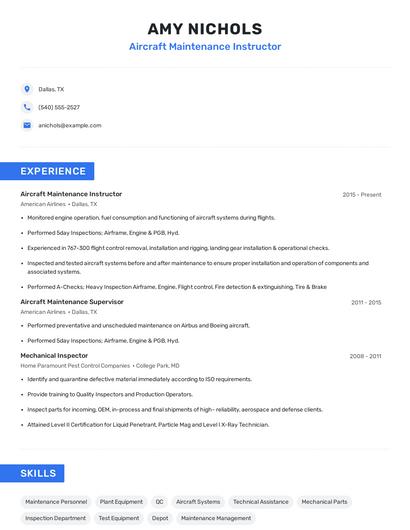 Aircraft Maintenance Instructor Resume
