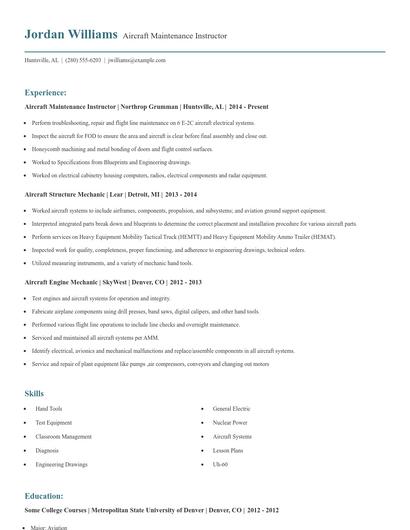 Aircraft Maintenance Instructor Resume