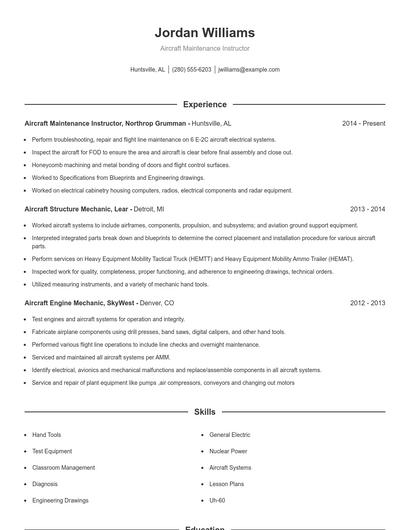 Aircraft Maintenance Instructor Resume