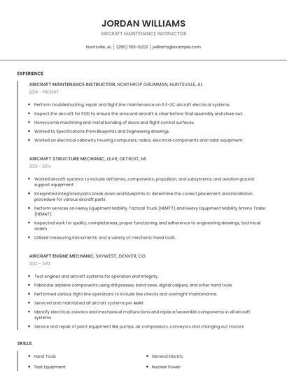 Aircraft Maintenance Instructor Resume