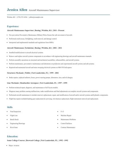 Aircraft Maintenance Supervisor Resume