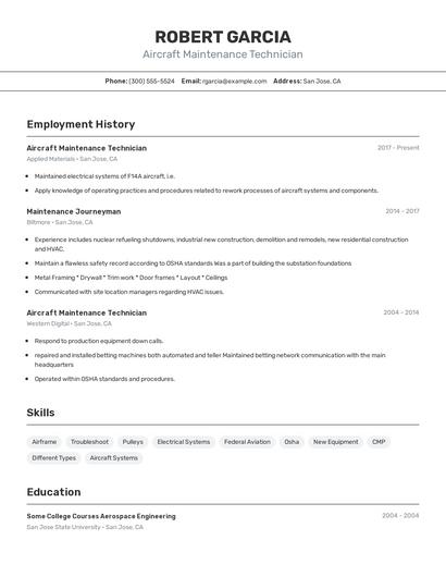 Aircraft Maintenance Technician Resume