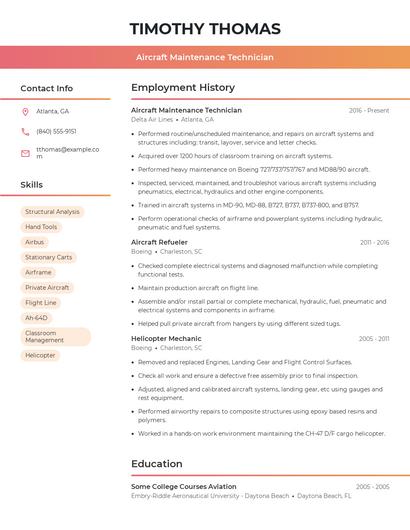 Aircraft Maintenance Technician Resume